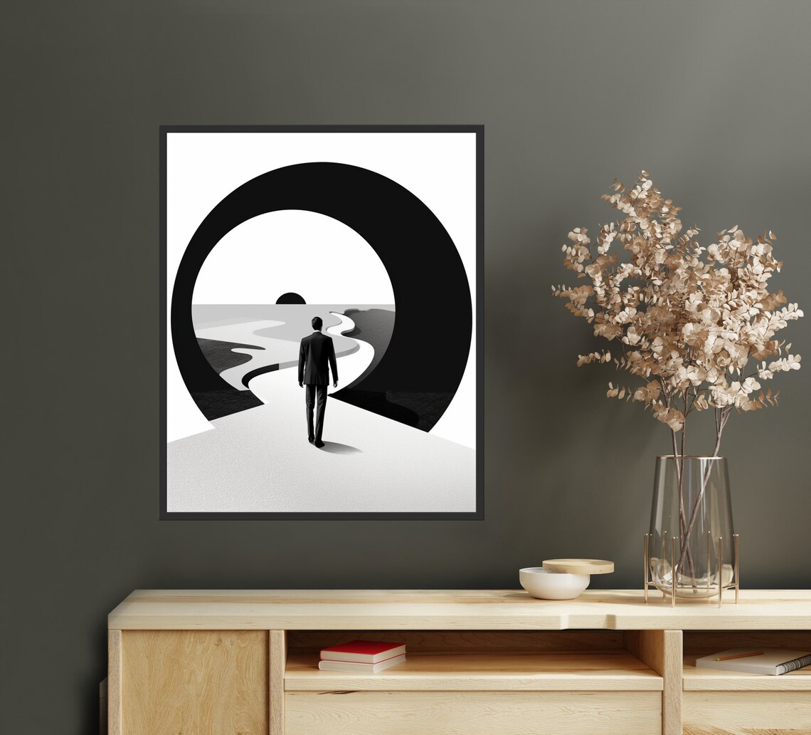 Man Walking Through Giant Circular Portal Black and White Art Poster - Image 2