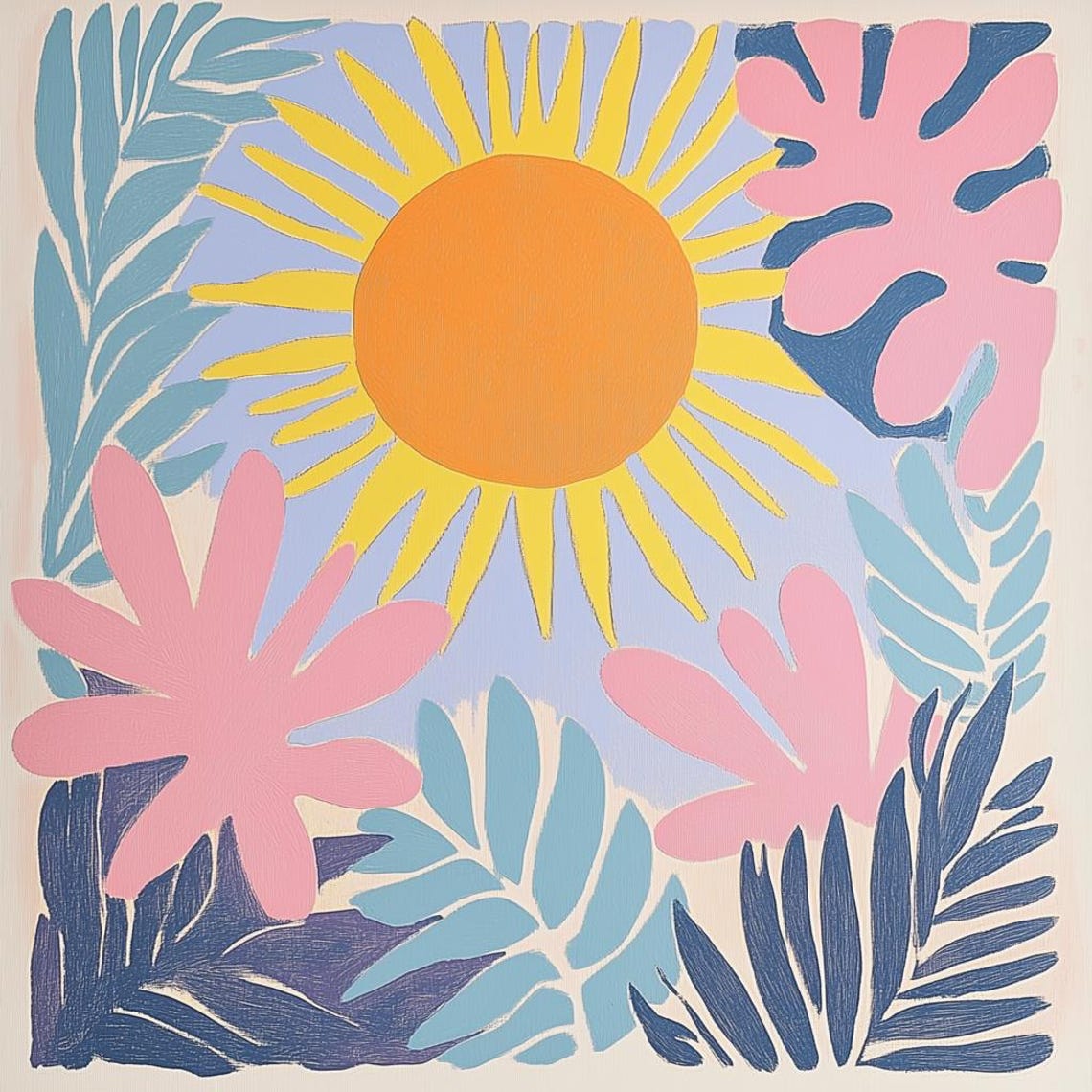 Bold Bright Orange Sun Pink Leaves Matisse Style Tropical Poster