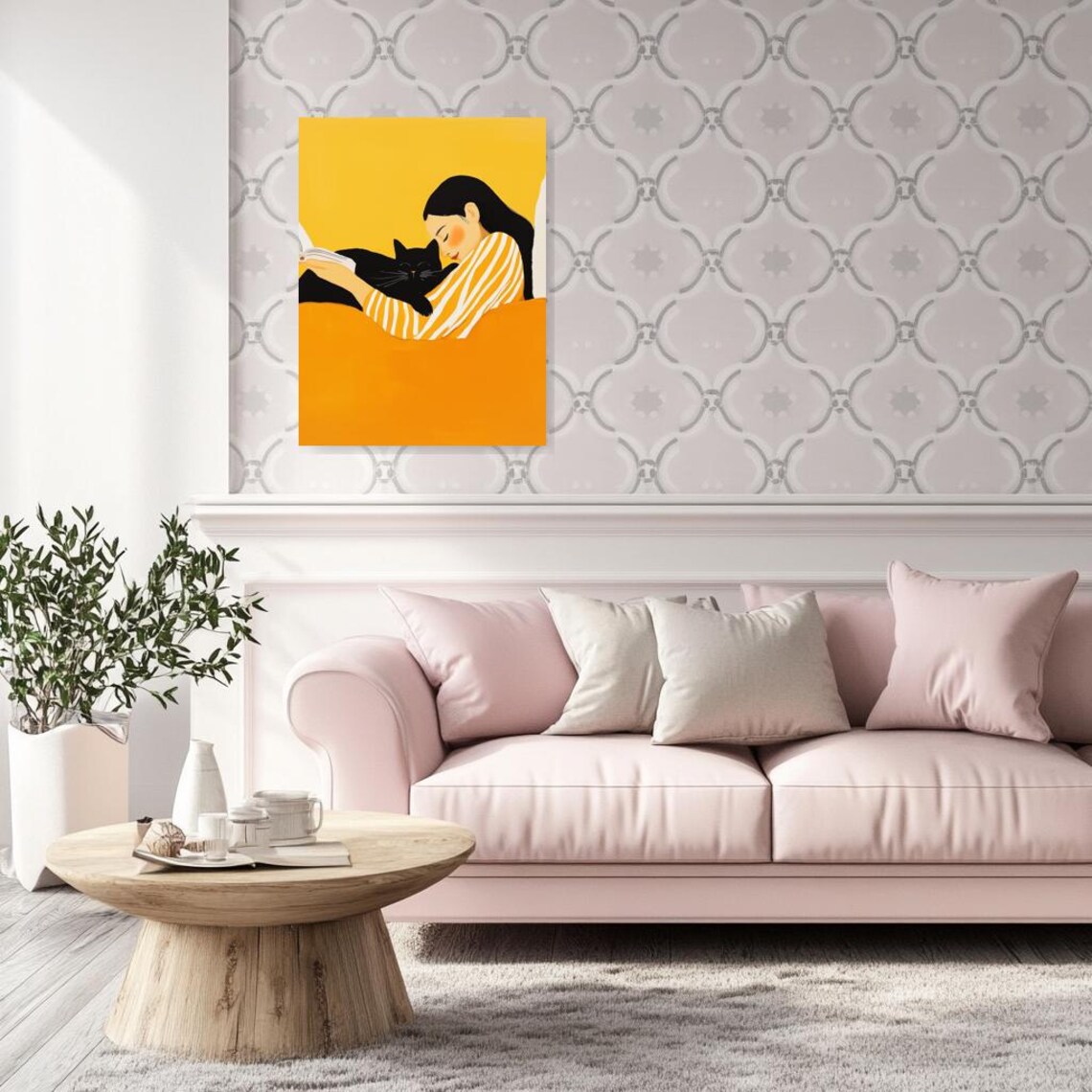 Cozy Woman Reading With Black Cat Golden Yellow Illustration Poster - Image 3
