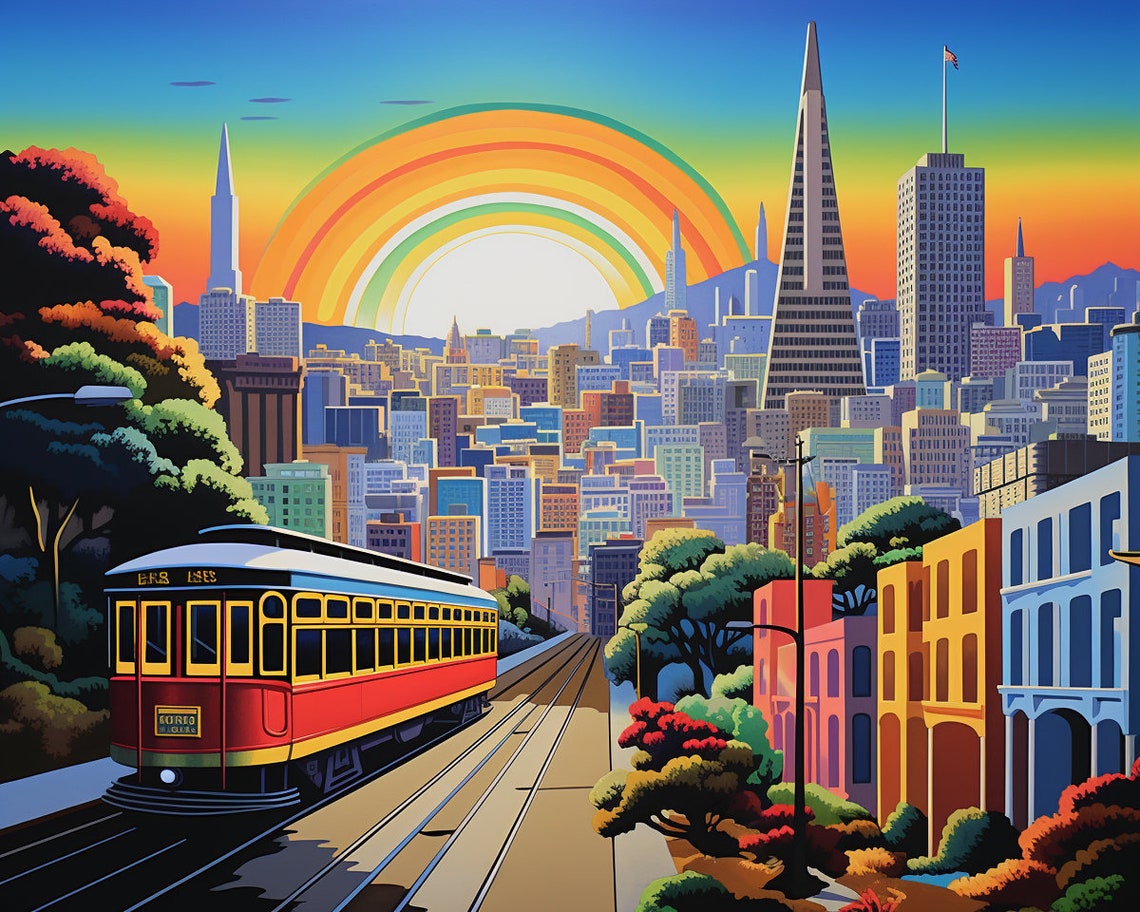 San Francisco Red Streetcar Rainbow Sunset Downtown Cityscape Poster