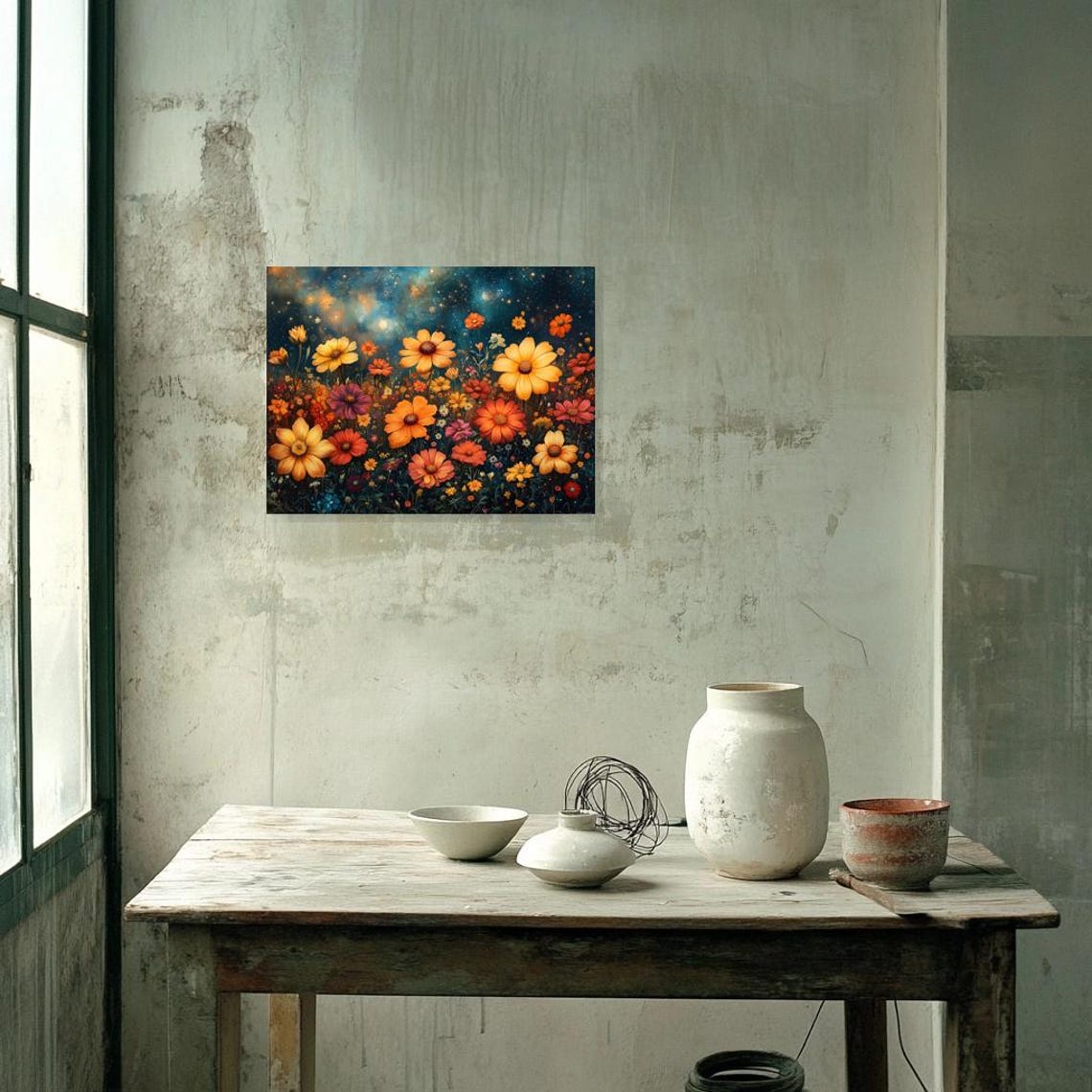 Vibrant Wildflower Field Blooming Under Starry Night Sky Poster - Image 2