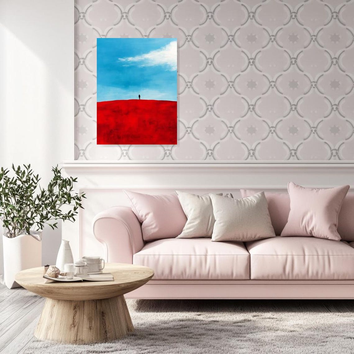 Lone Figure on Bold Red Landscape Under Blue Sky Minimalist Poster - Image 3