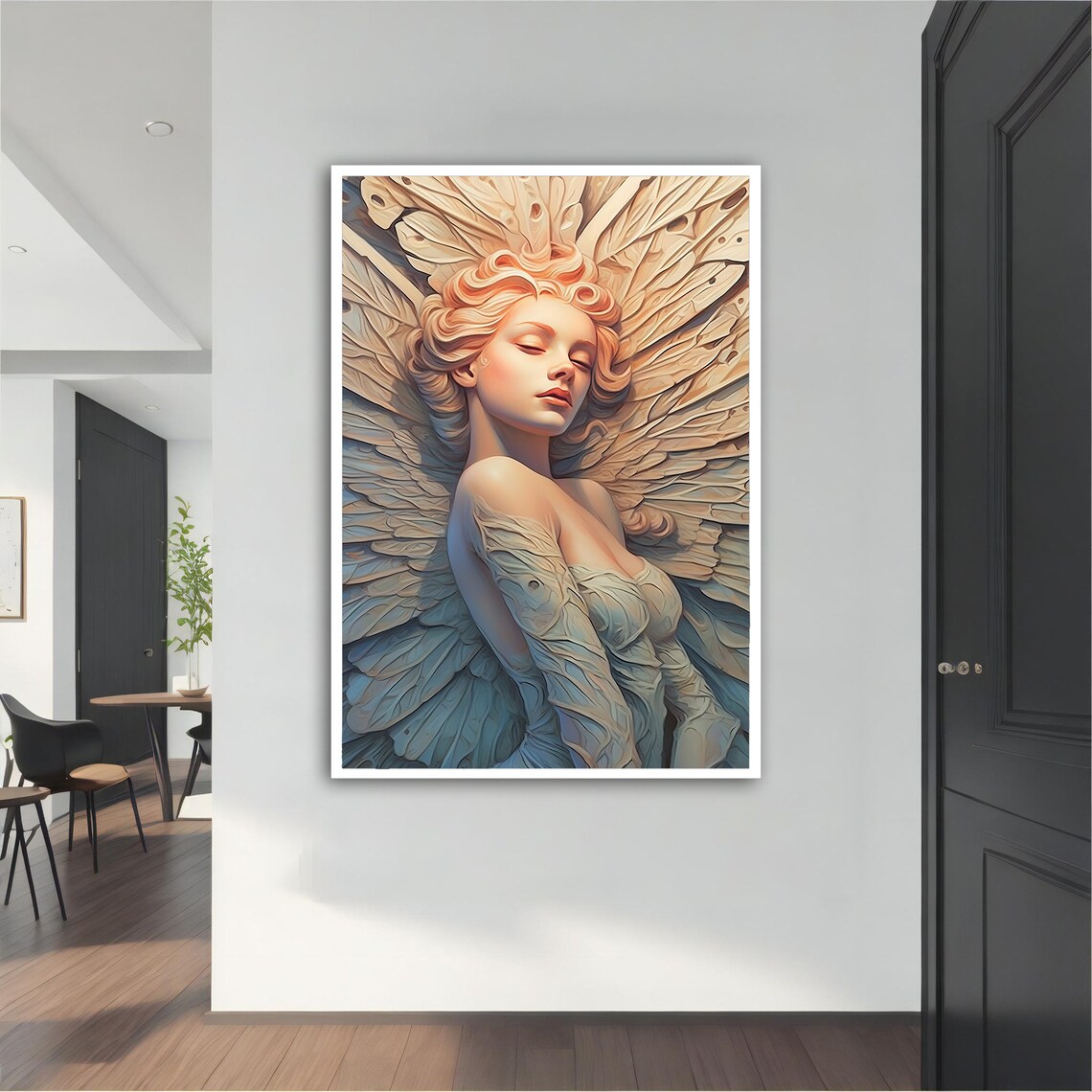 Serene Angel Woman Giant Feather Wings Cream Blue Wall Art Print
