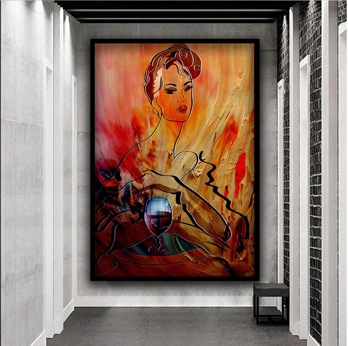 Woman And Wine Glass Art Abstract Woman Print Warm Colors Wall Art Wine Glasses Art Red Wine Print Woman Home Decor - Image 5