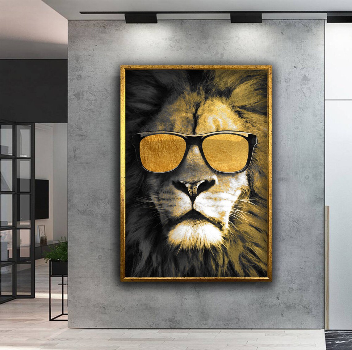 Cool Lion Wearing Gold Sunglasses Black Gold Duotone Funny Animal Poster - Image 2