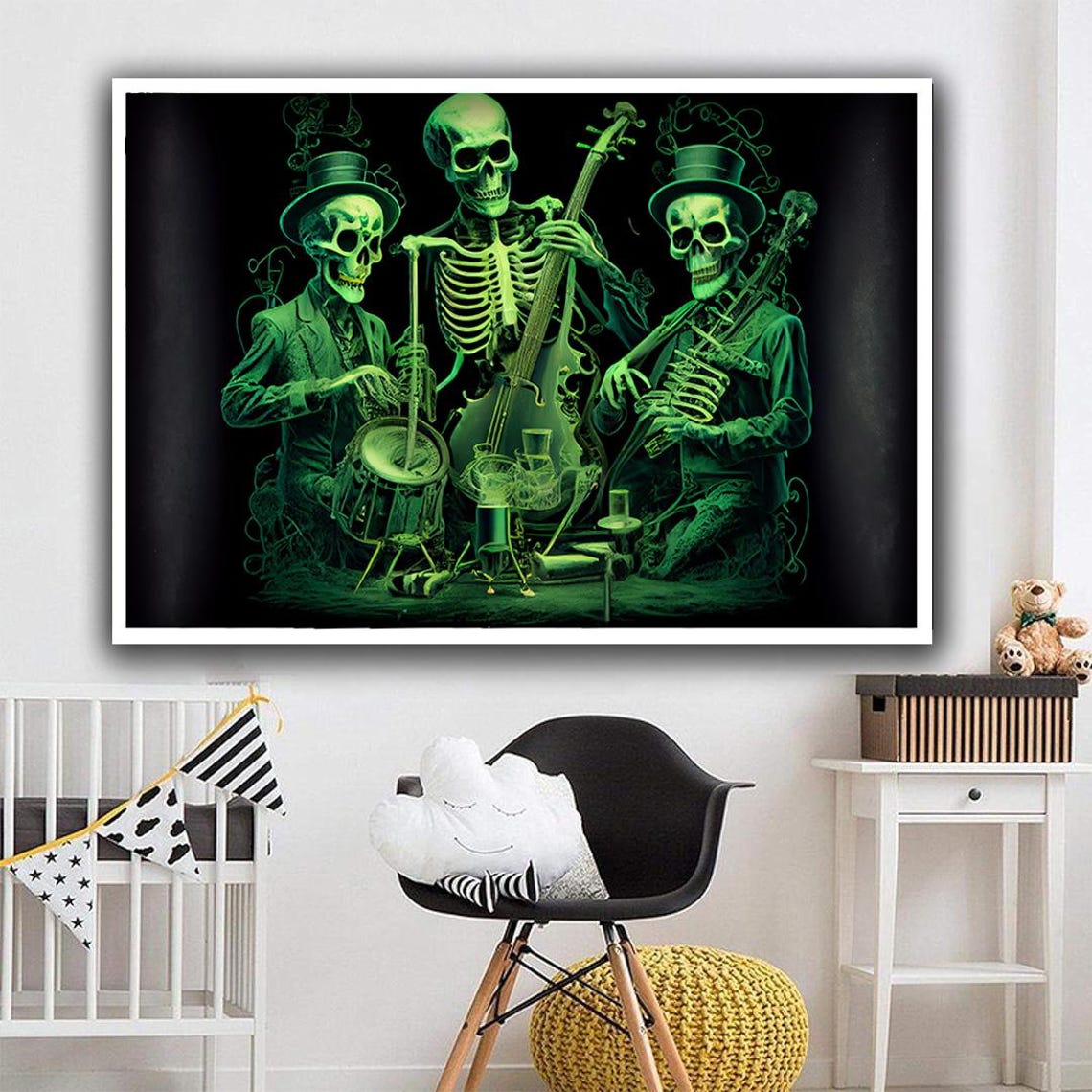 Three Green Skeletons Playing Jazz Instruments Spooky Night Poster - Image 2