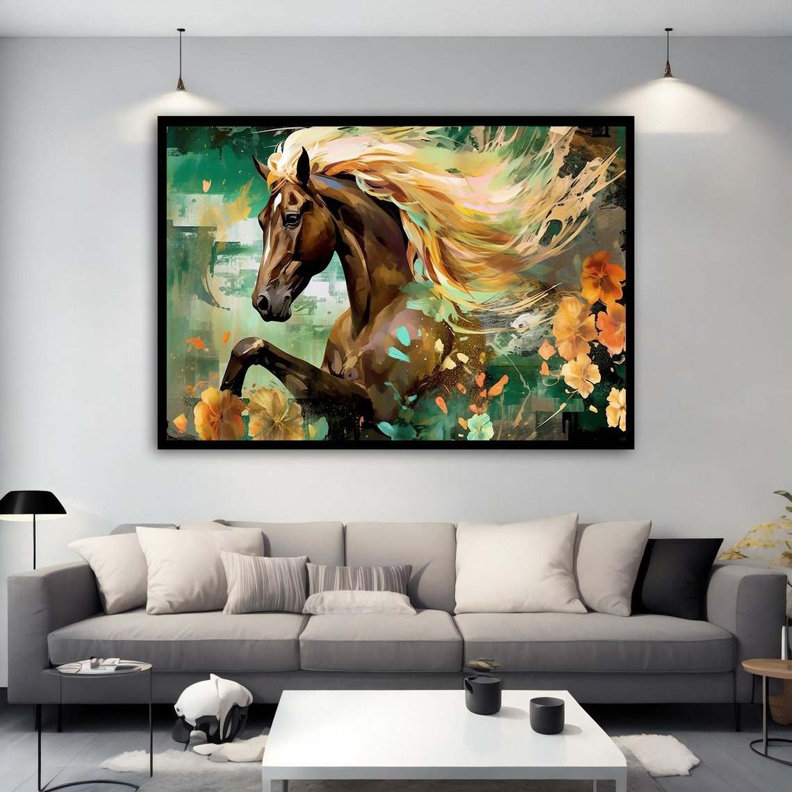 Prancing Brown Horse Flowing Golden Mane Floral Abstract Poster - Image 2