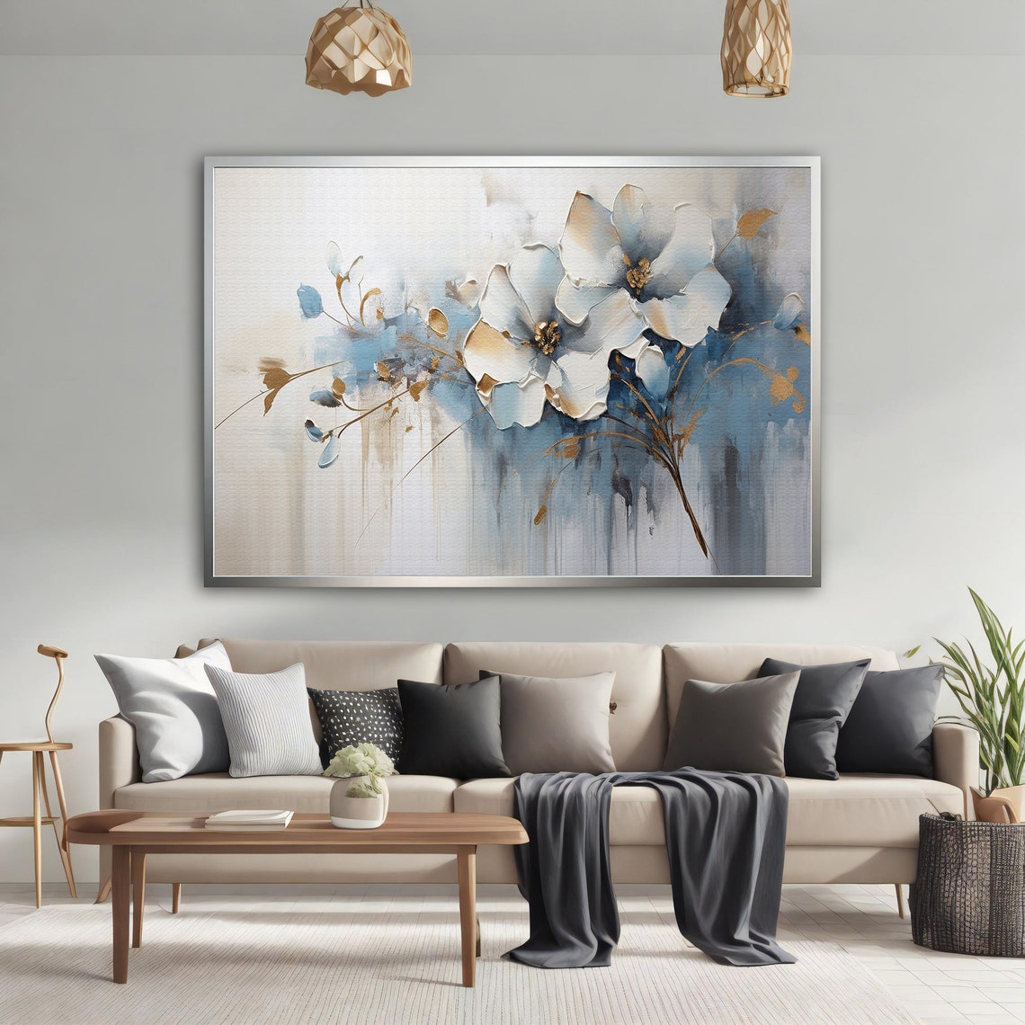 Delicate White Blue Flowers Gold Accents Soft Floral Art Poster
