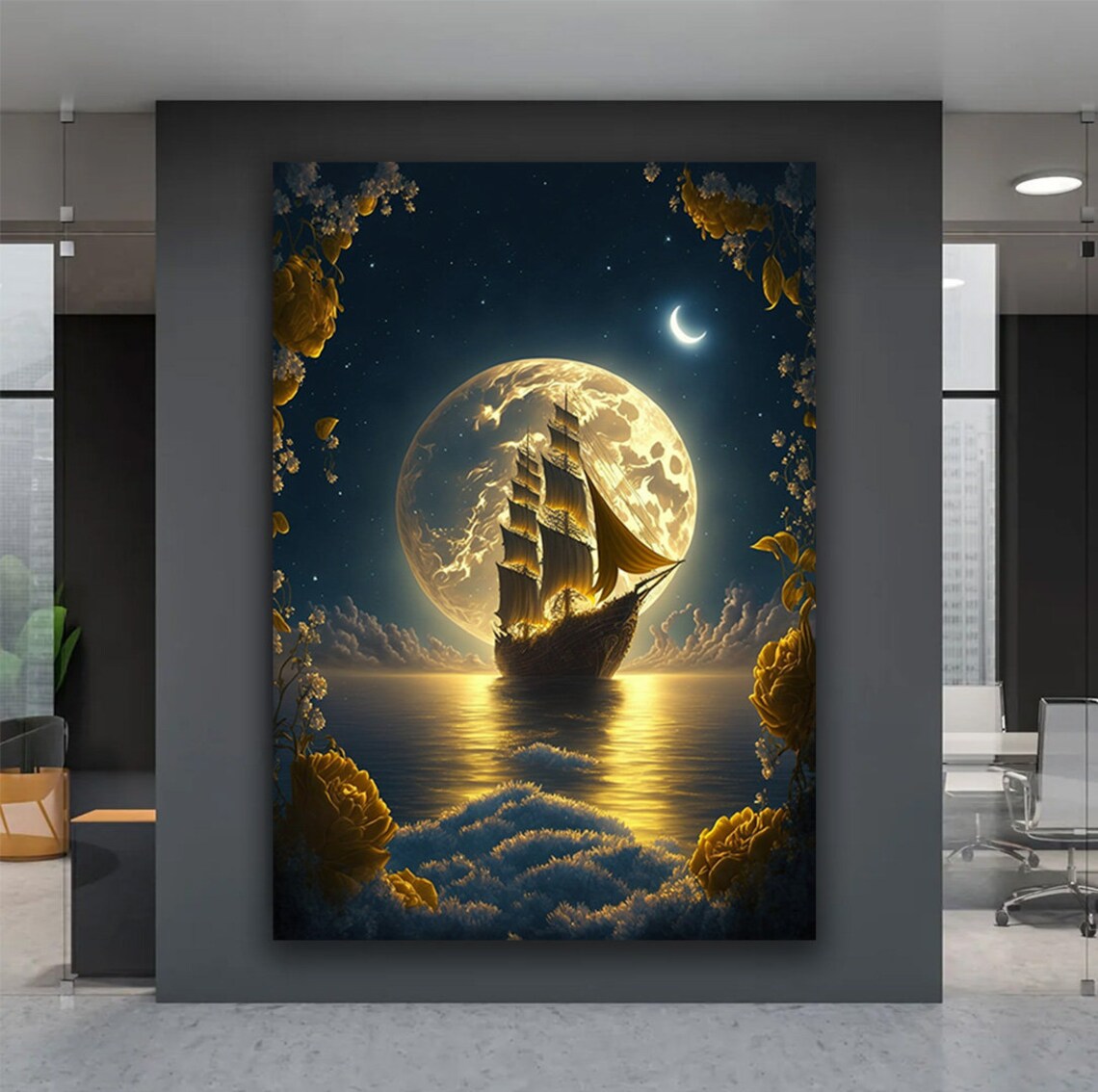 Pirate Ship Sailing Under Giant Golden Full Moon Night Ocean Poster - Image 5