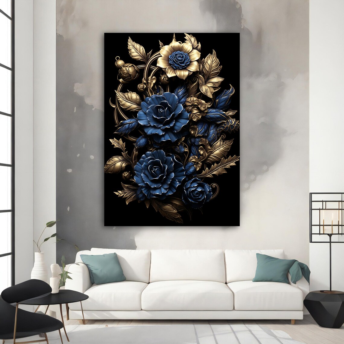 Luxury Blue Roses Gold Baroque Leaves Black Floral Elegant Wall Art - Image 3