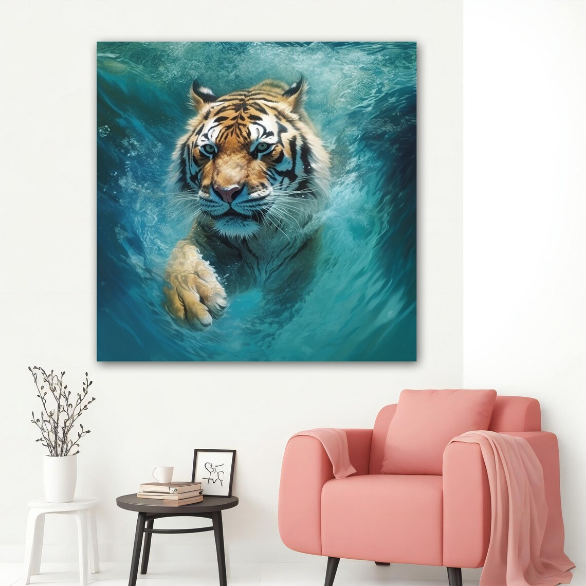 Tiger Swimming Underwater Turquoise Waves Powerful Wildlife Art Wall Poster - Image 5