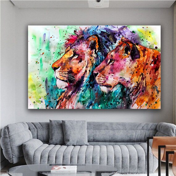 Colorful Watercolor Lion And Lioness Pair Vibrant Wildlife Art Poster