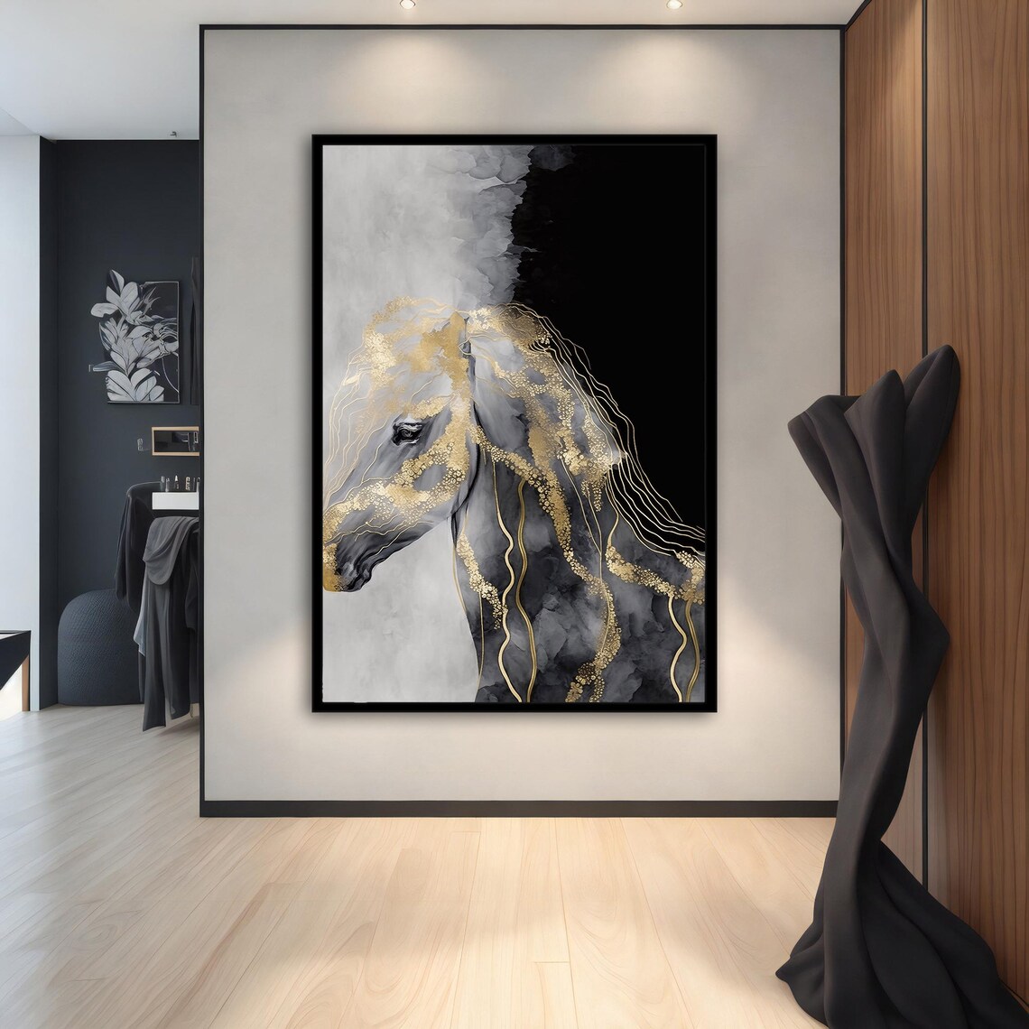 Grey Horse Gold Line Mane Abstract Luxury Equine Art Black Wall Poster