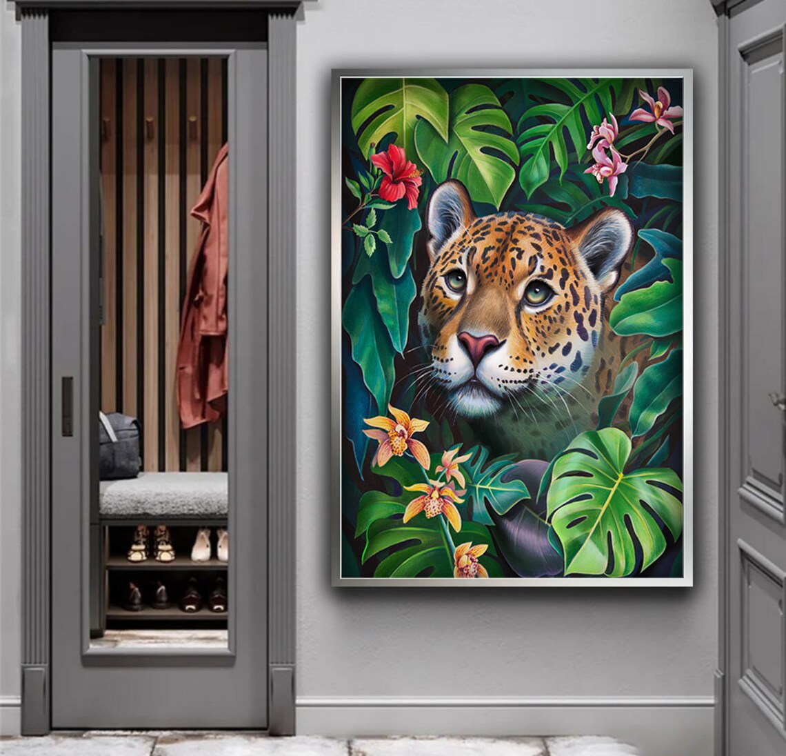 Jaguar in Tropical Leaves Orchids Lush Jungle Animal Art Poster - Image 4