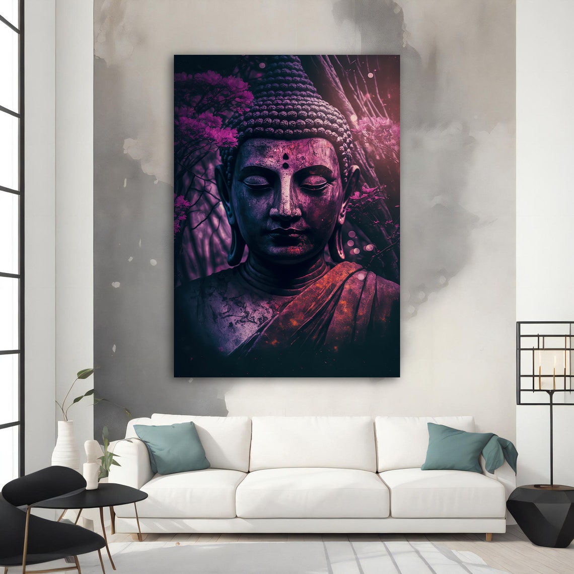 Purple Moonlit Buddha Statue Head Cherry Blossom Zen Meditation Poster - Image 4
