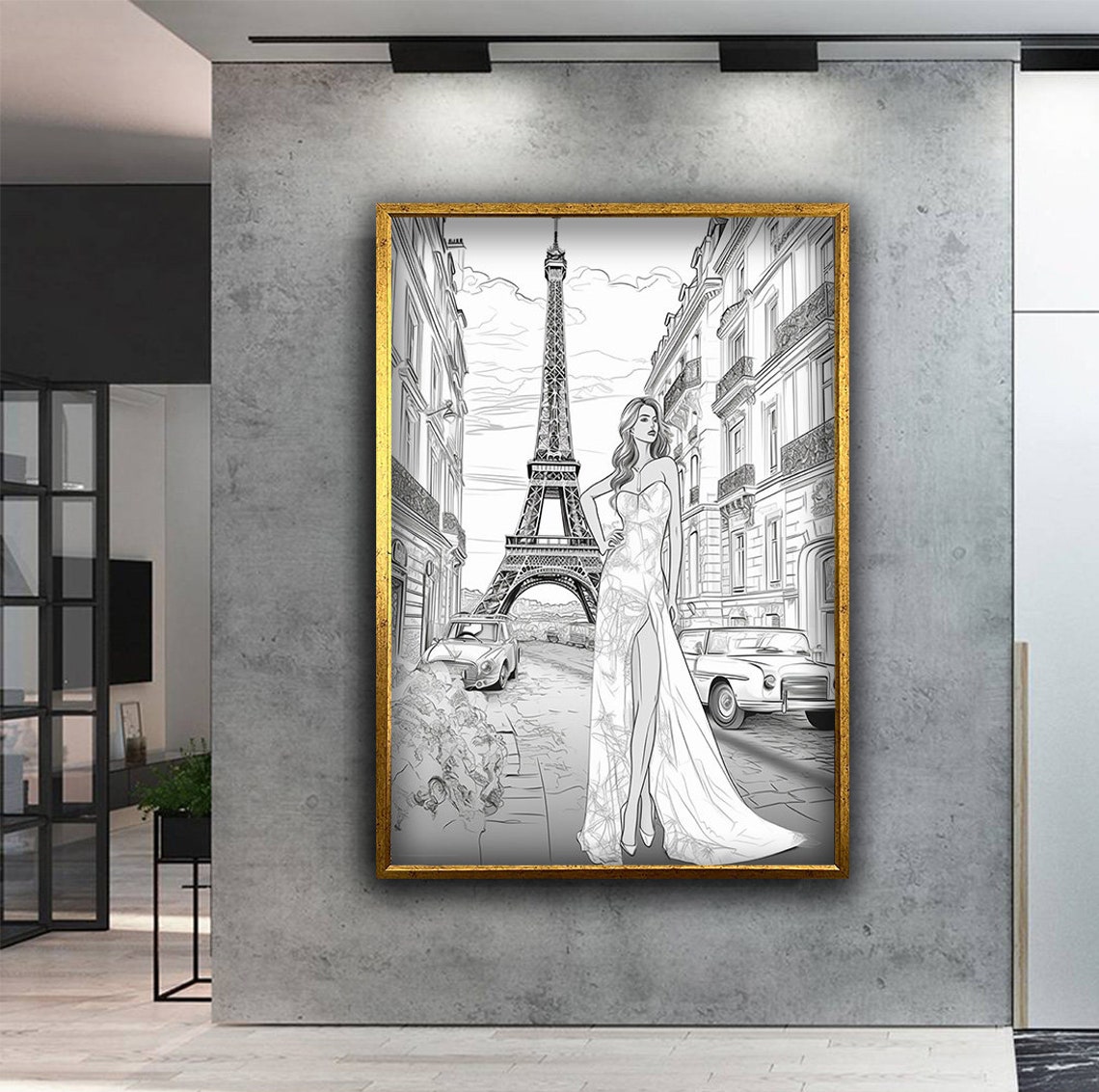 Eiffel Tower Paris Woman Sketch Black White Street Art Poster