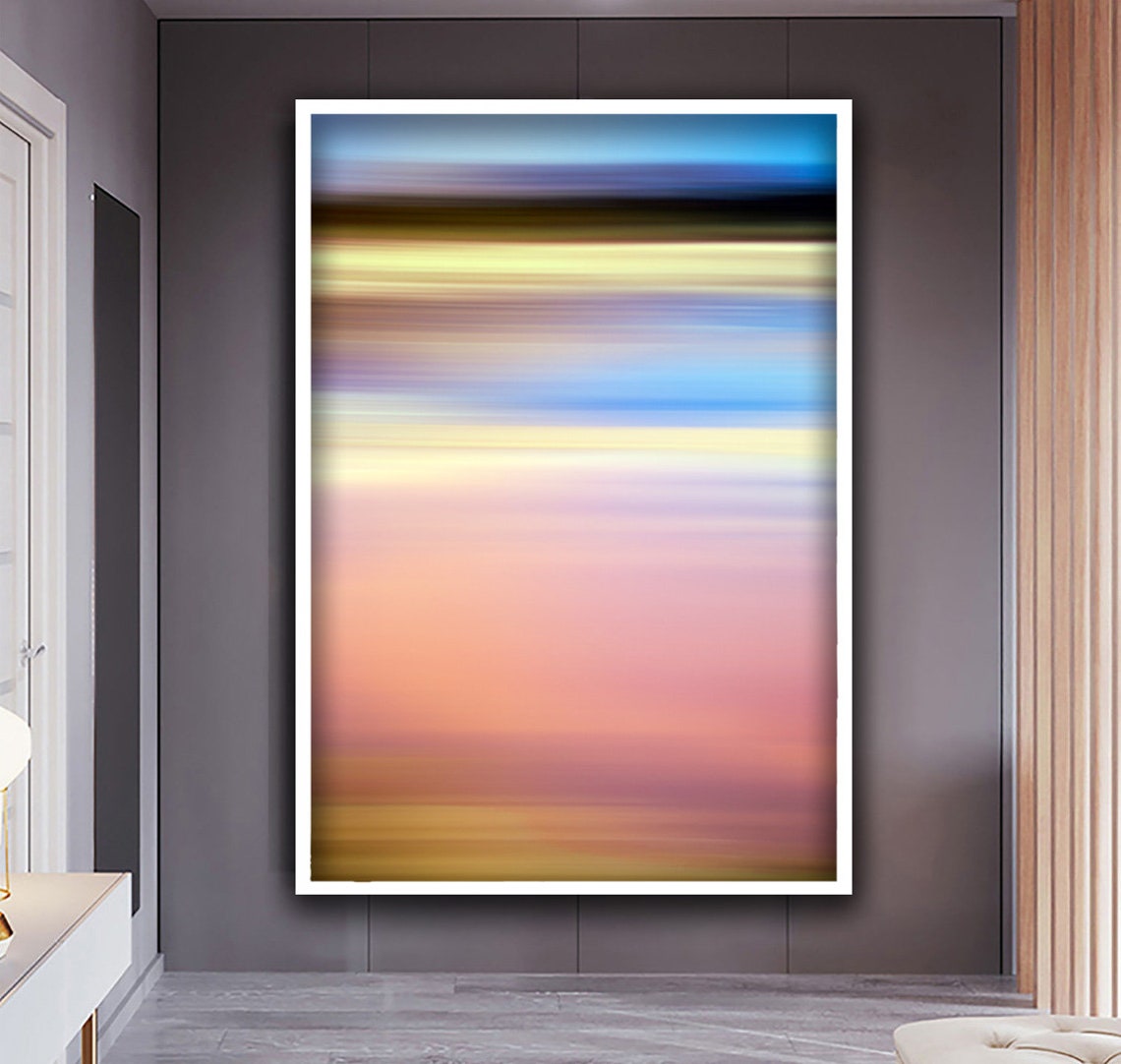 Blurred Sunset Gradient Stripes Pink Blue Gold Abstract Wall Art - Image 3