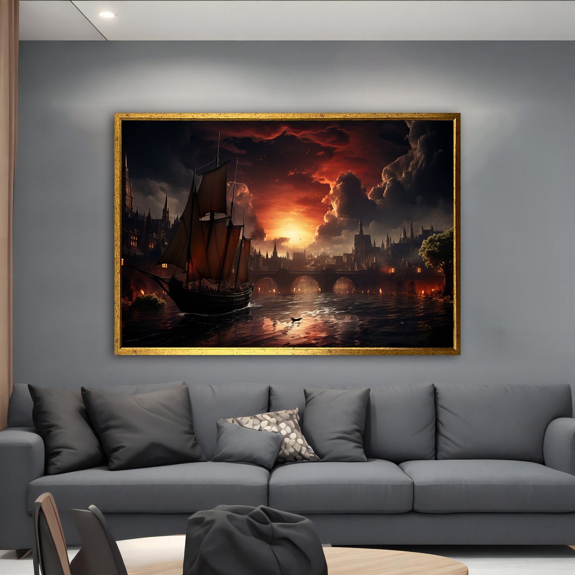 Pirate Ship Sailing Past Burning City at Dramatic Fiery Sunset Poster - Image 4