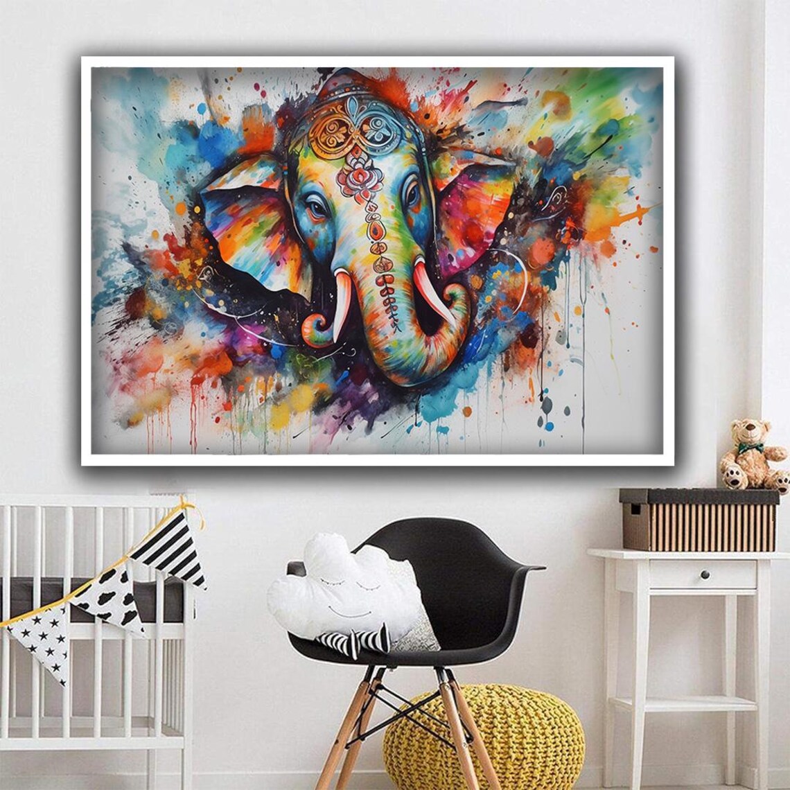 Colorful Indian Elephant Head Watercolor Bohemian Splash Art Wall Print - Image 3