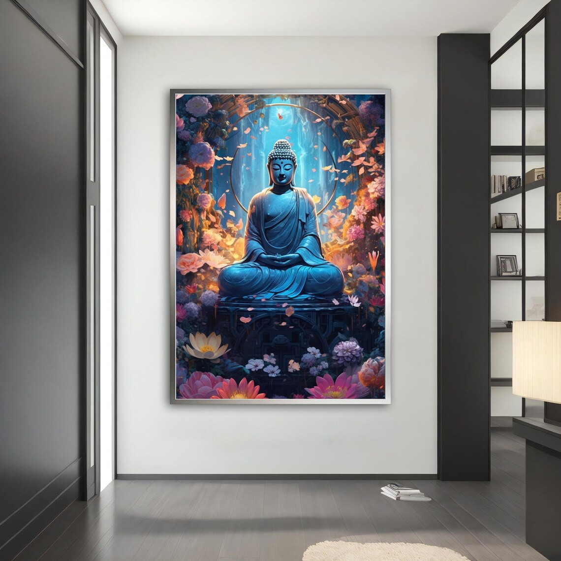 Blue Buddha Meditating Flowers Halo Serene Calm Asian Art Poster - Image 4