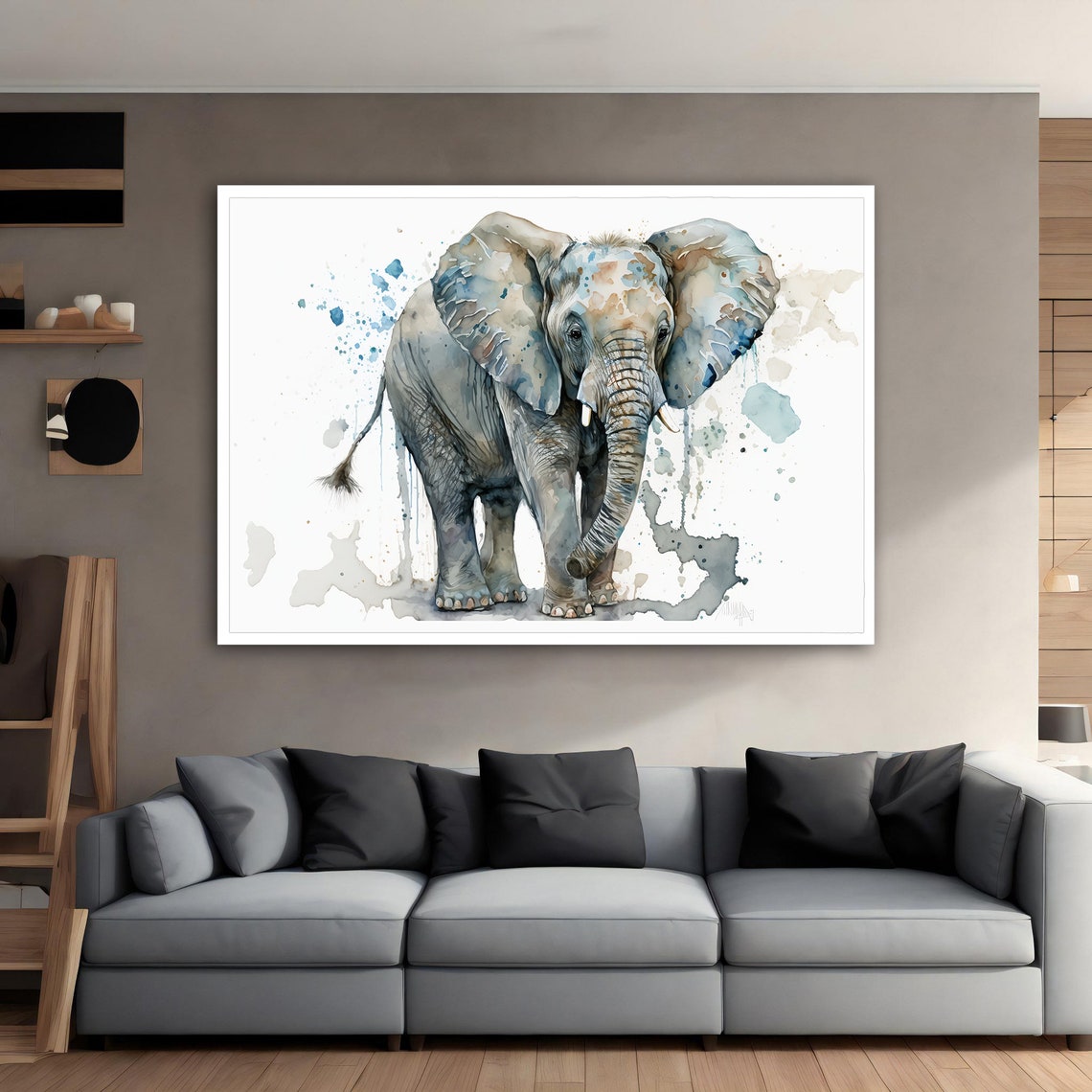 Watercolor Elephant Blue Gray Tones Gentle Wildlife Painting Poster - Image 4