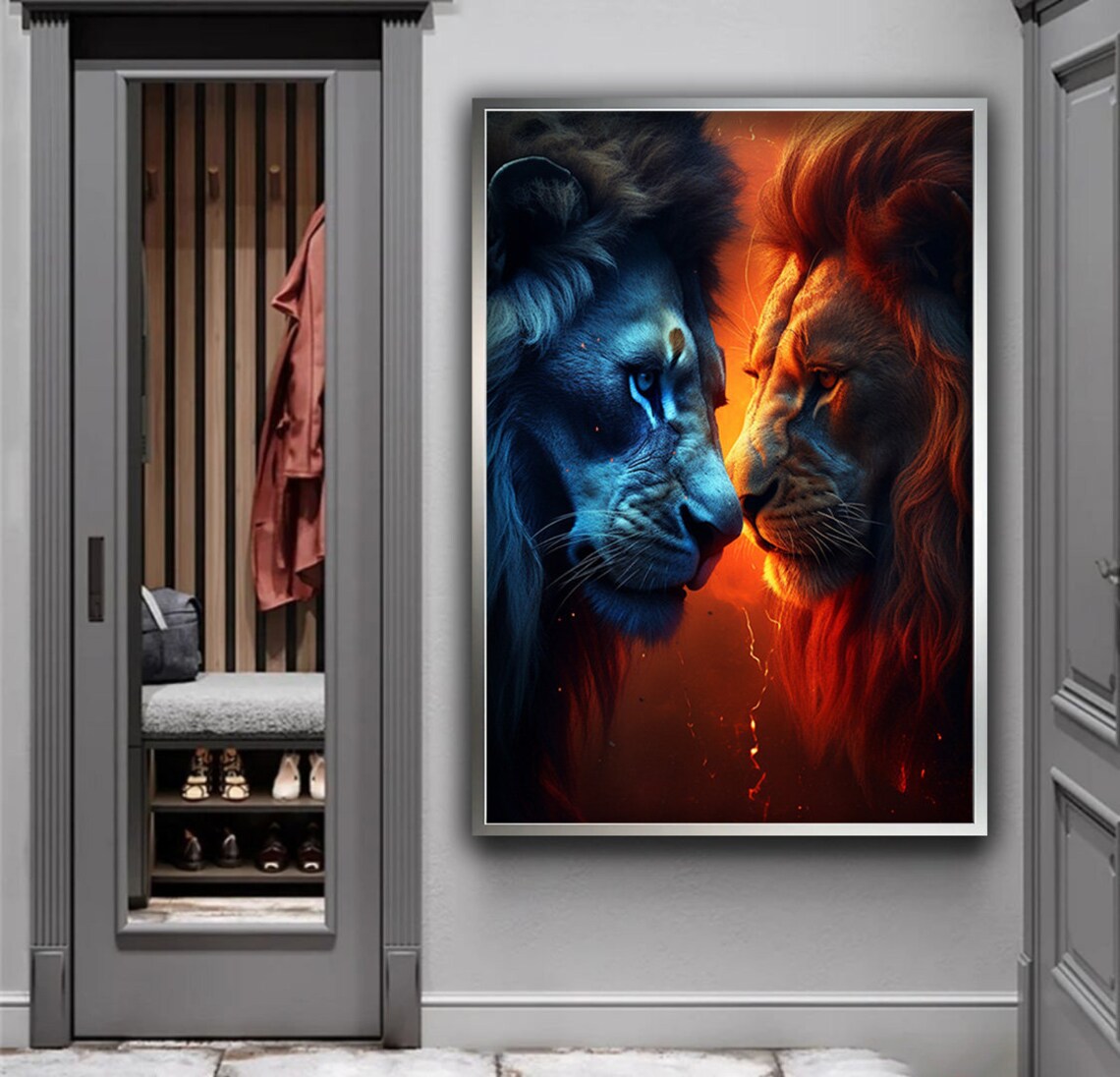 Fire And Water Lions Duel Dramatic Wildlife Animal Art Poster - Image 5