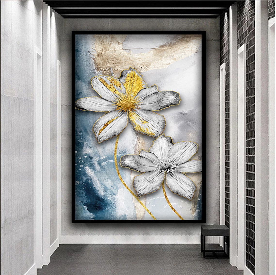 White Gold Flowers Blue Abstract Blooming Floral Wall Art Poster - Image 5