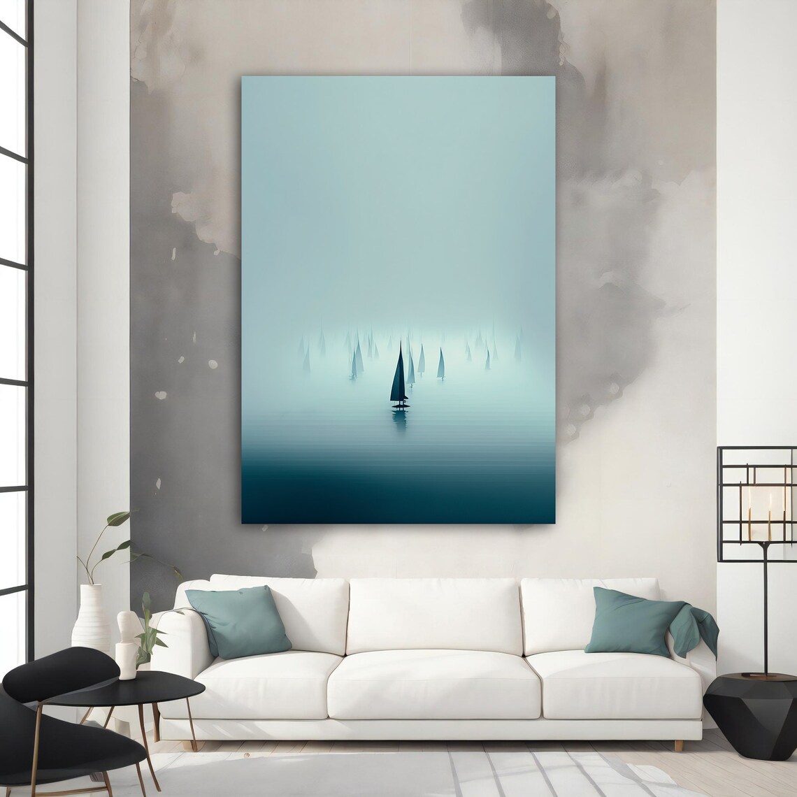 Foggy Sea Sailboats Minimalist Teal Ocean Calm Horizon Art Poster - Image 3