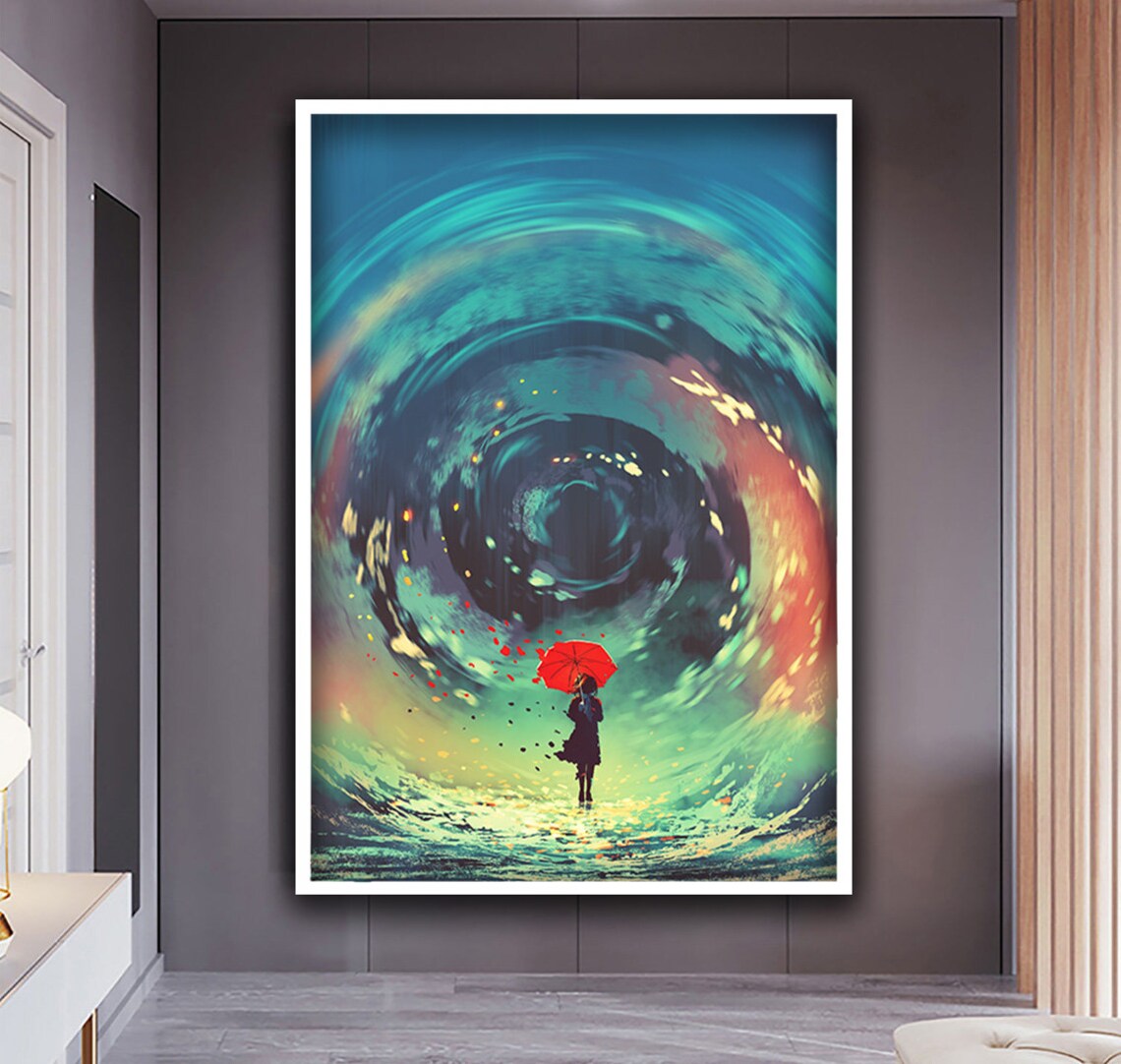Fantasy Girl with Red Umbrella Colorful Swirling Storm Sky Art Print - Image 2