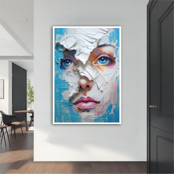 Blue and White Cracked Plaster Woman Face Modern Abstract Art Poster