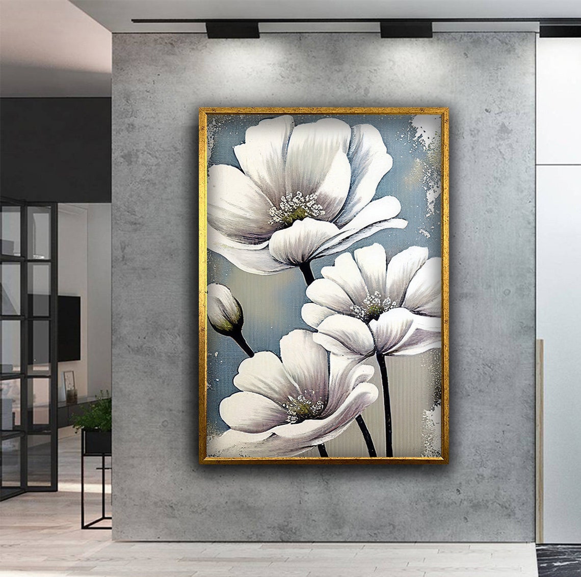 Elegant White Blooming Flowers on Soft Blue Grey Neutral Art Poster - Image 2