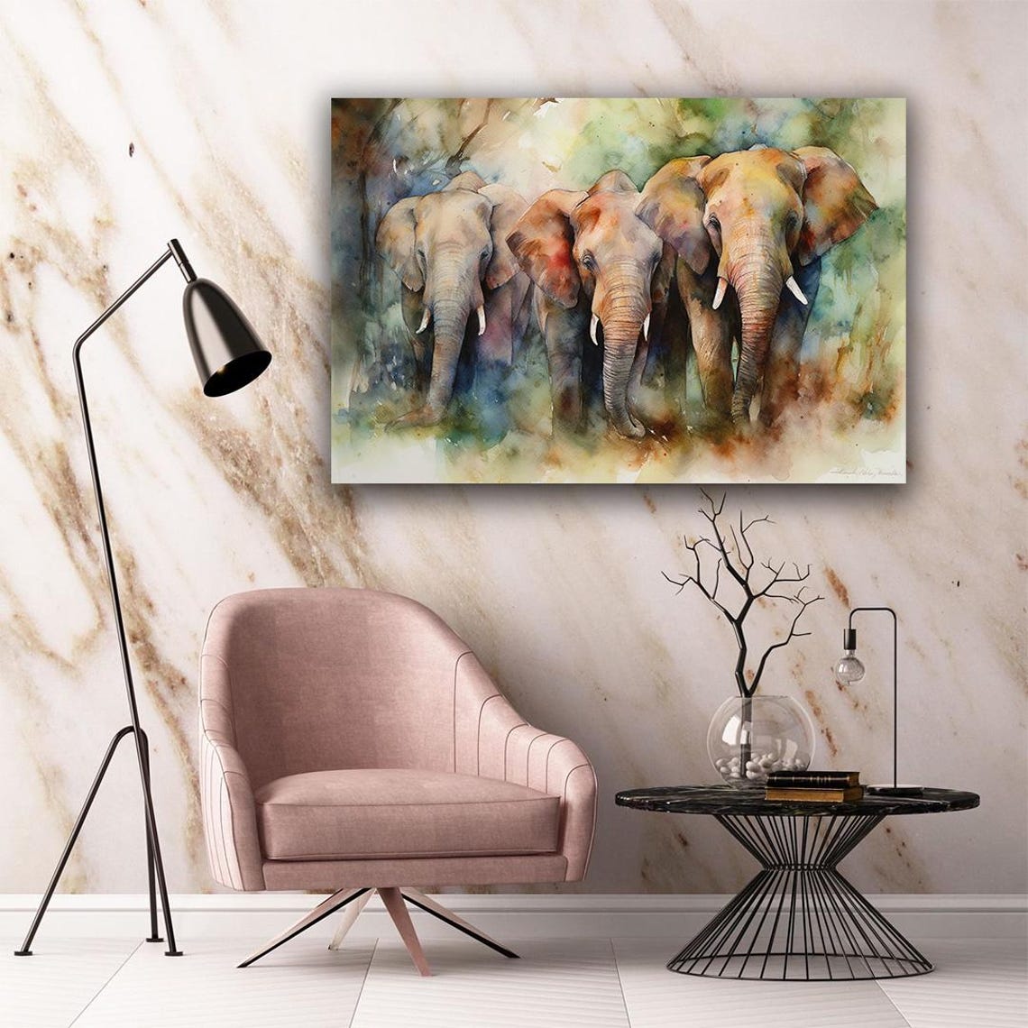 Three Elephants Walking Forward in Soft Watercolor Earth Tones Poster - Image 4