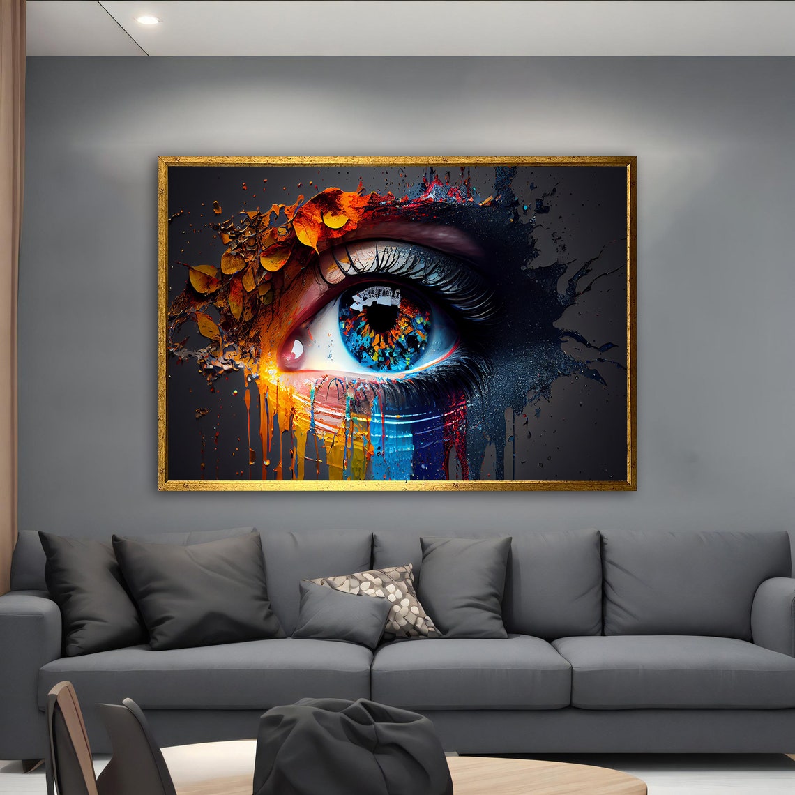 Giant Blue Eye with Splashing Paint Drips on Dramatic Black Poster