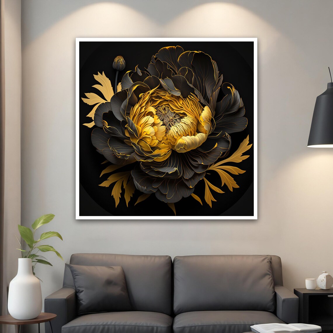 Golden Peony Black Petals Gold Edges Dark Floral Wall Art Poster - Image 2