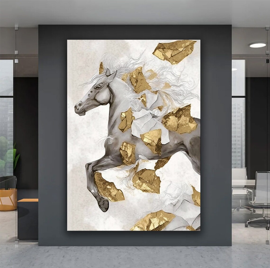 White Horse Rearing Gold Leaf Detailed Majestic Equine Art Poster - Image 2