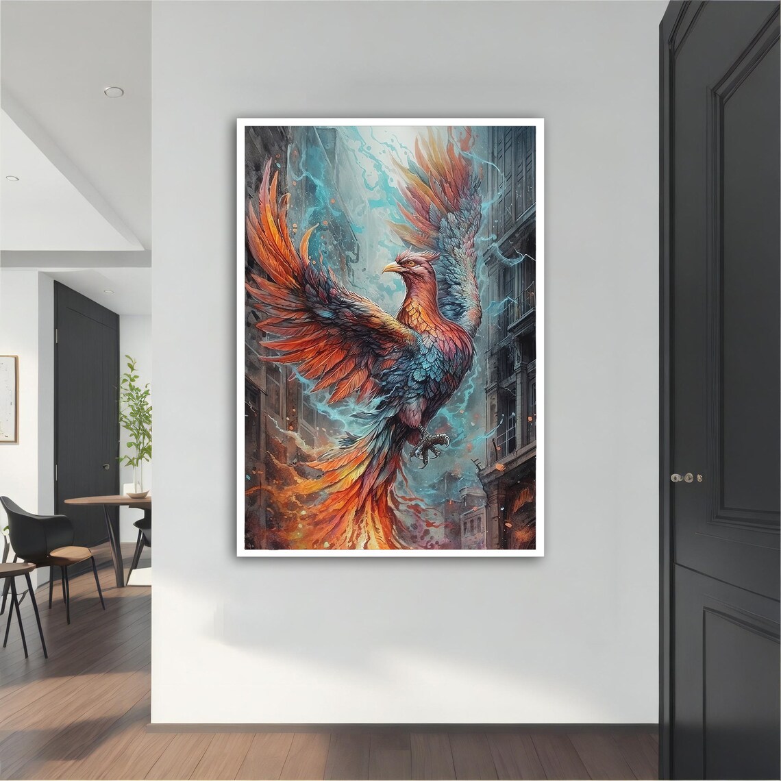 Fire Phoenix Rising City Flames Orange Blue Fantasy Animal Poster