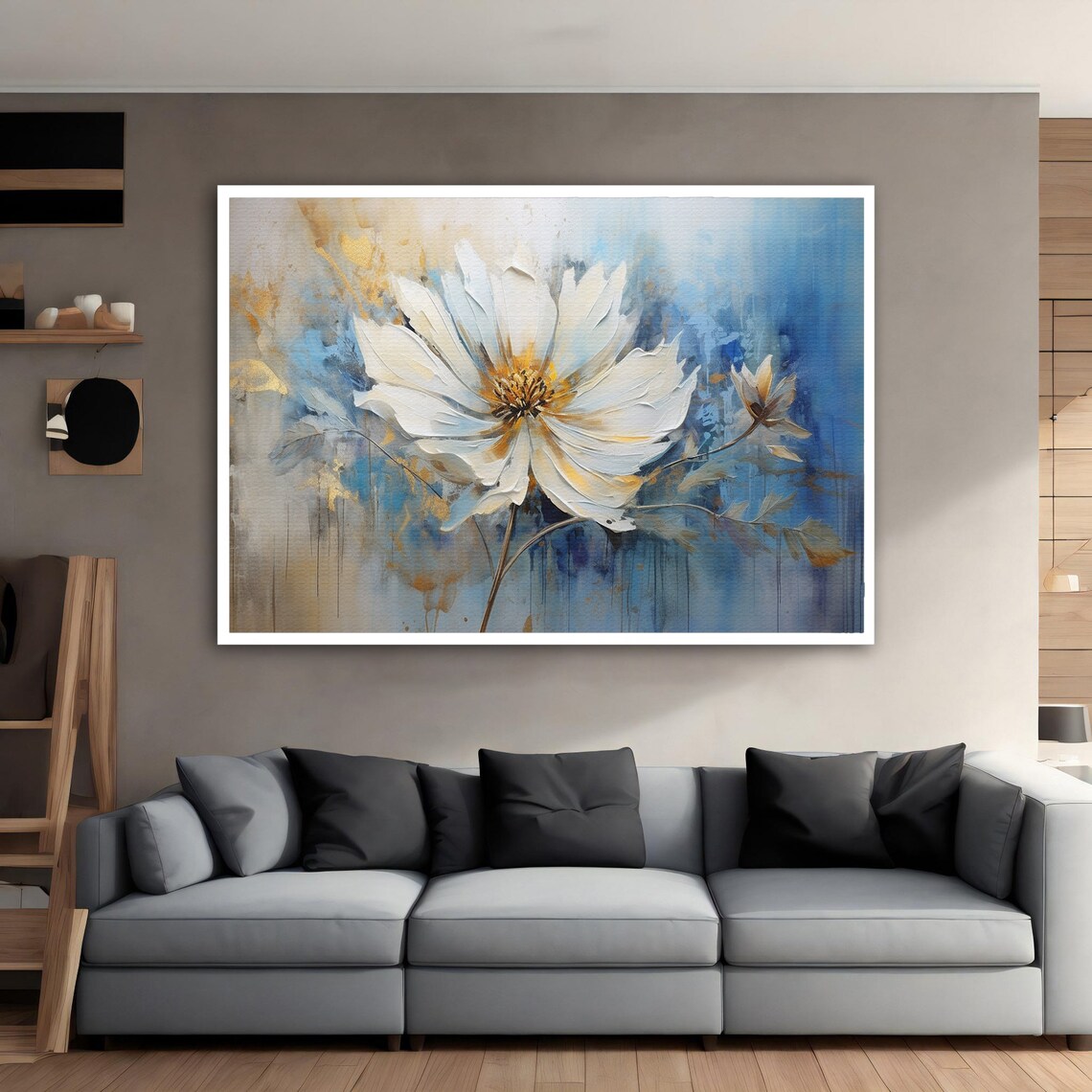 Large White Daisy Gold Center Blue Cream Abstract Floral Poster - Image 4