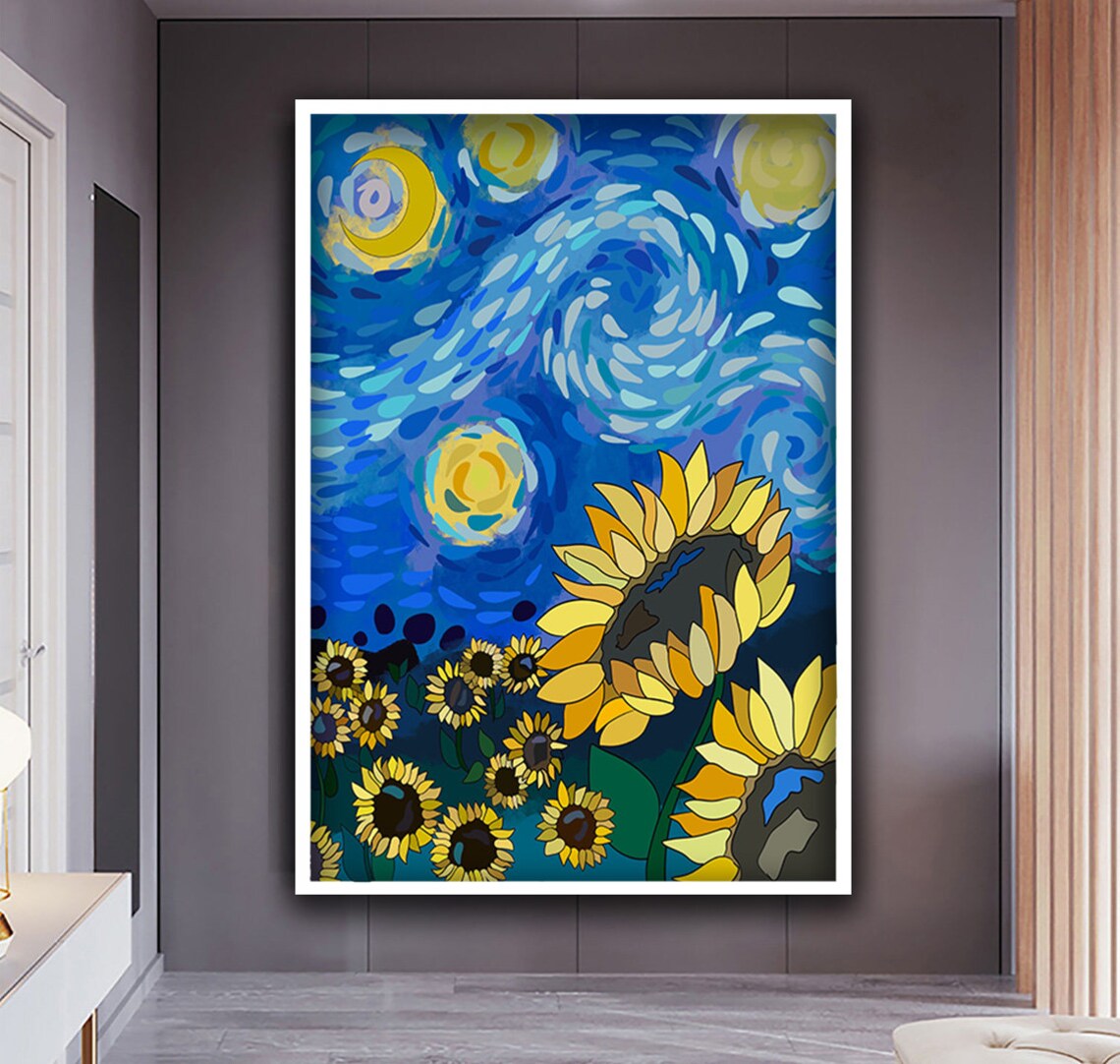 Sunflowers Starry Night Van Gogh Style Swirling Sky Art Poster - Image 5