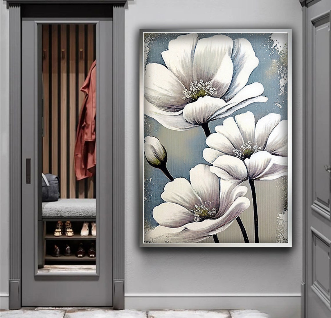 Elegant White Blooming Flowers on Soft Blue Grey Neutral Art Poster - Image 3
