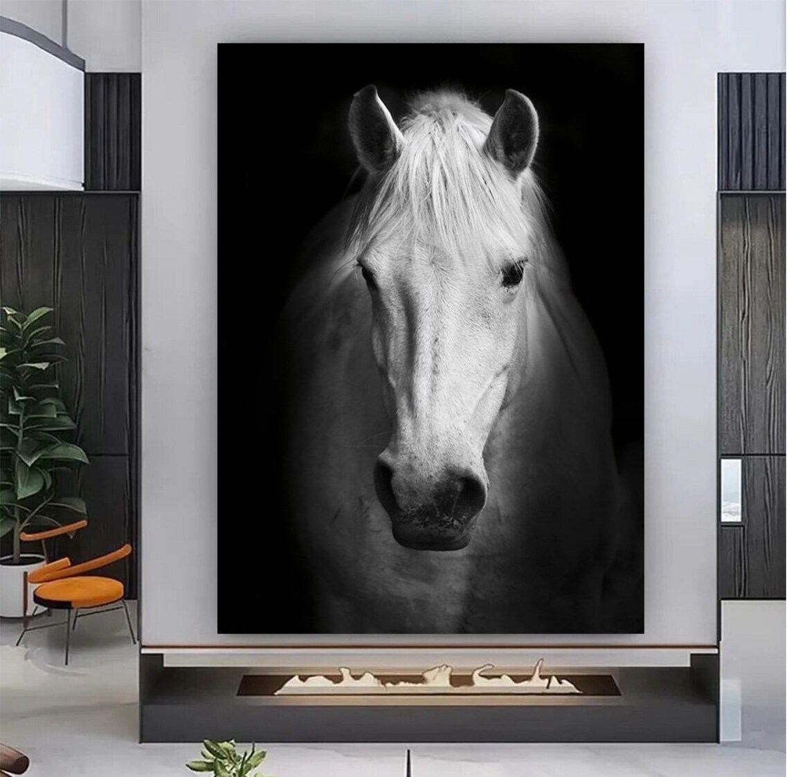 White Horse Portrait Black White Close-Up Dark Moody Equine Art Poster - Image 2