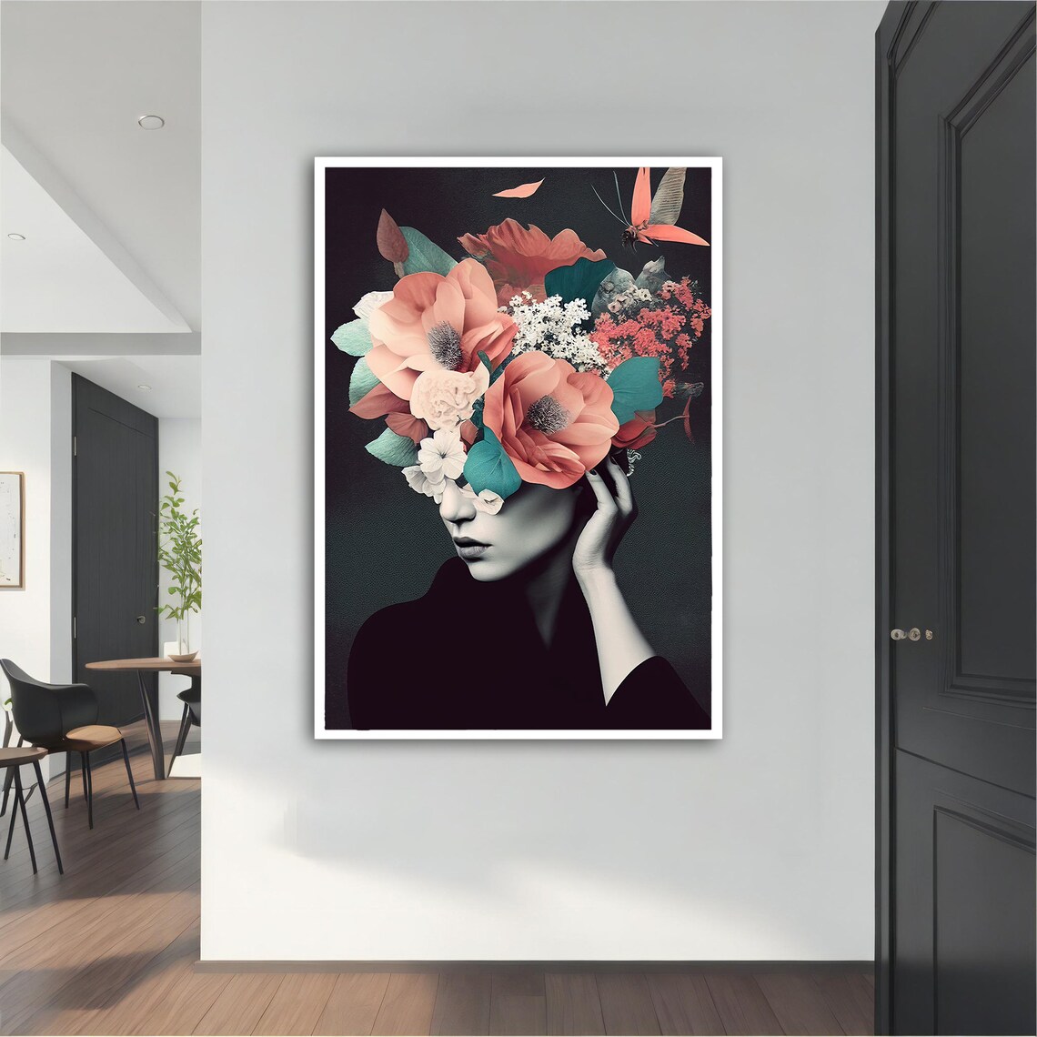 Woman Coral Flower Bouquet Face Black Background Floral Wall Art
