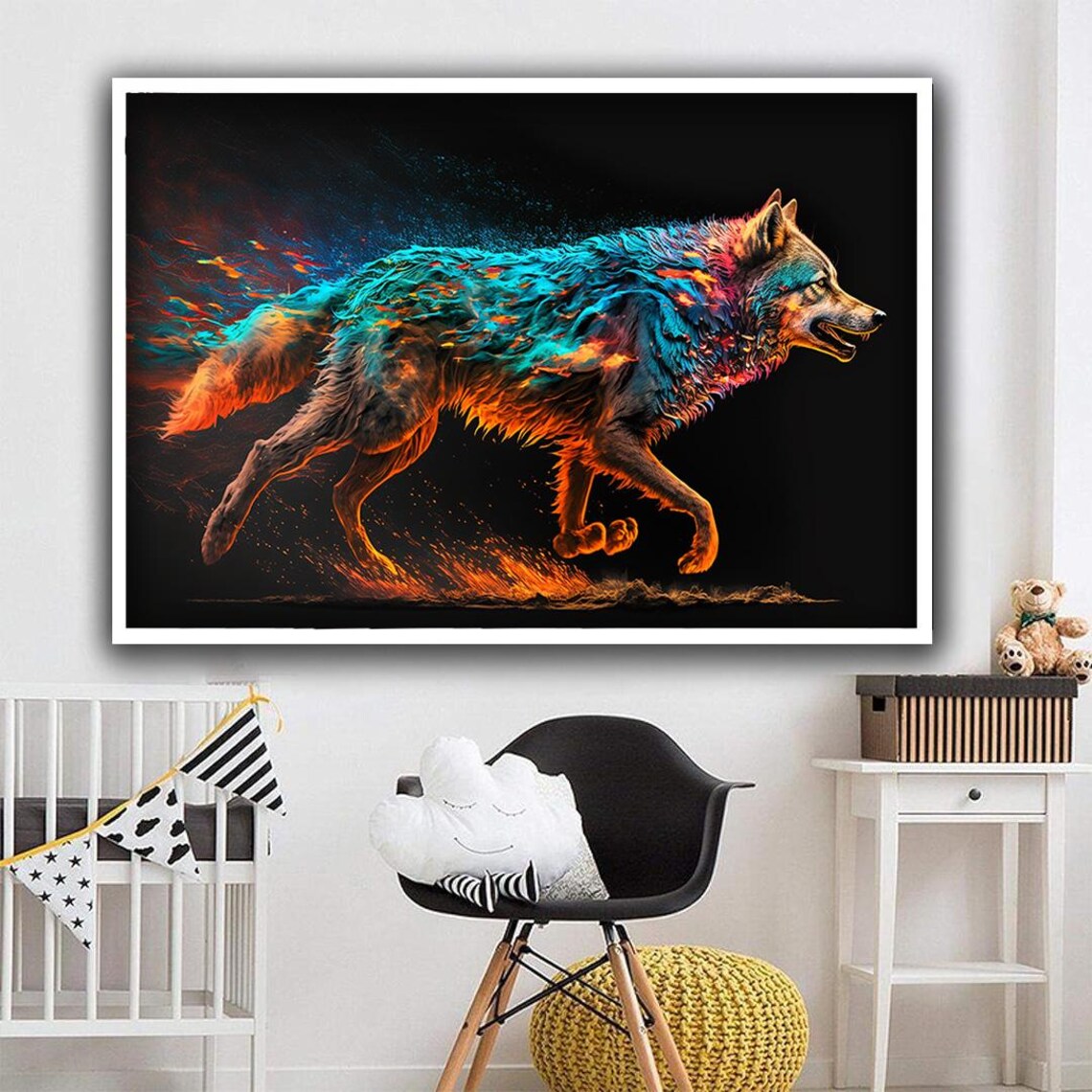 Running Wolf Fire Water Elemental Teal Orange Wildlife Fantasy Art Poster - Image 3