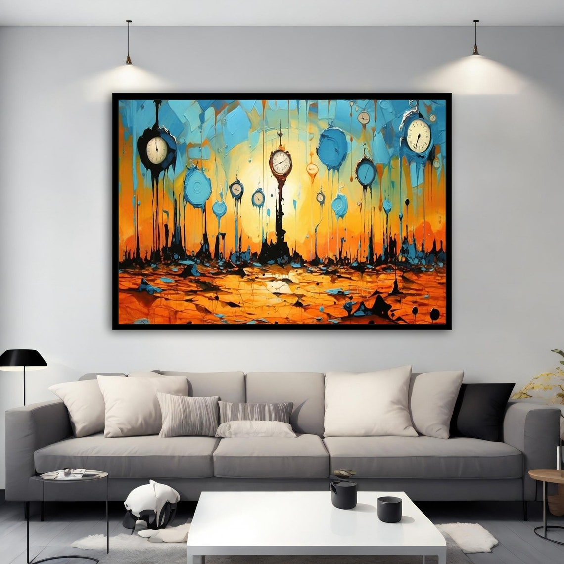 Surreal Melting Clocks on Poles in Orange and Blue Dreamscape Poster - Image 4