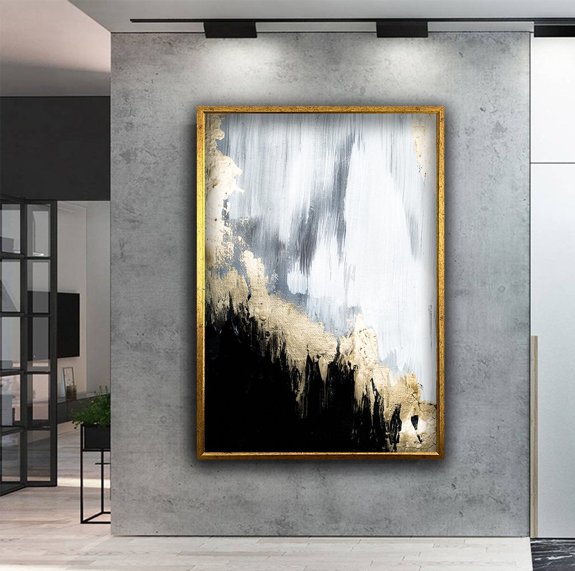 Black Gold and White Abstract Brushstroke Contemporary Art Print - Image 4