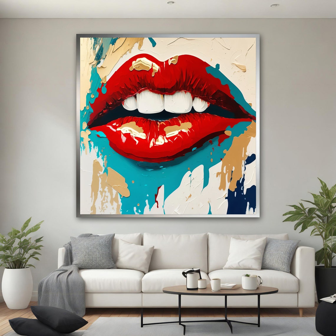 Red Lips Pop Art Painting Teal Splash Bold Glamour Art Poster - Image 3