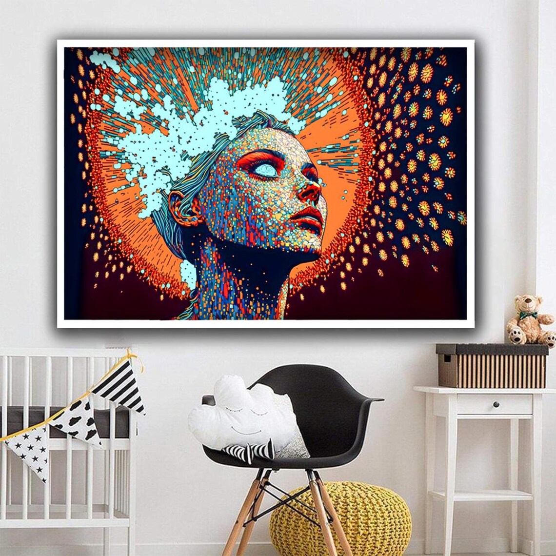 Blue Eyed Woman Mosaic Dot Portrait Fiery Orange Burst Wall Art - Image 2