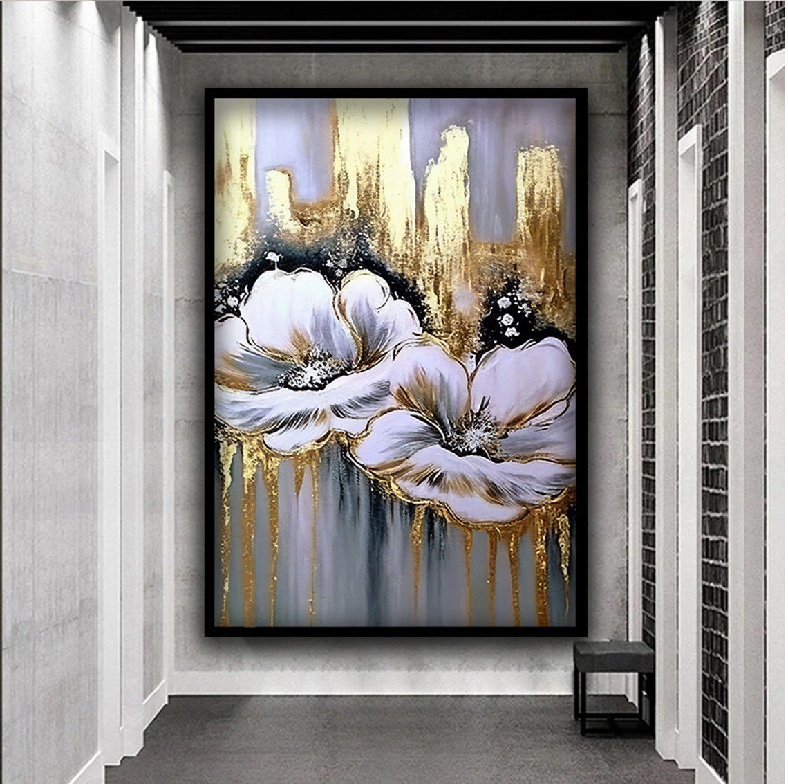 White And Gold Floral Art Grey Background Blooming Flower Poster - Image 5