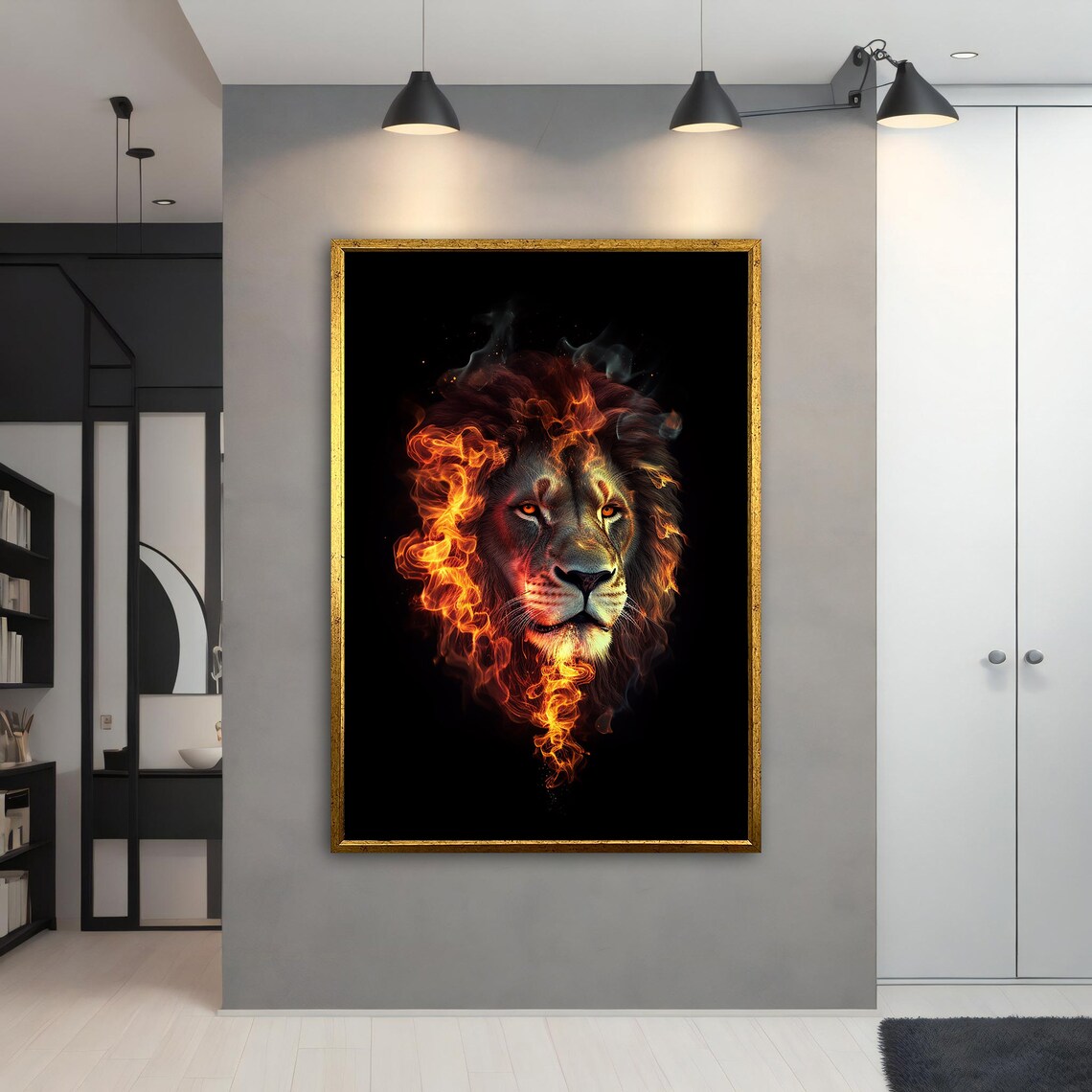 Burning Lion Flaming Mane Black Background Fiery Power Animal Art Poster - Image 5
