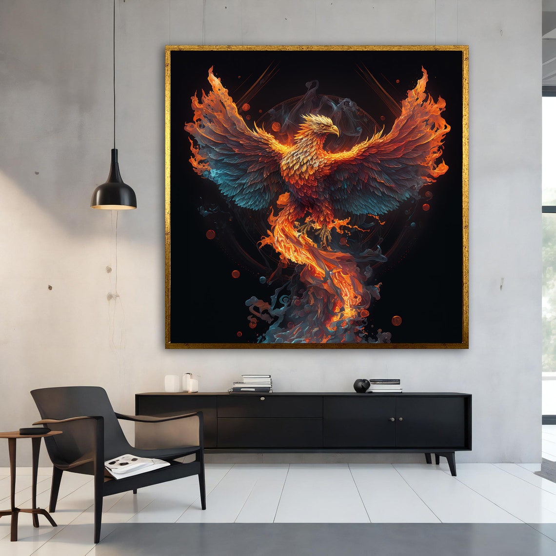 Flaming Phoenix Spread Wings Black Background Fantasy Animal Poster - Image 3
