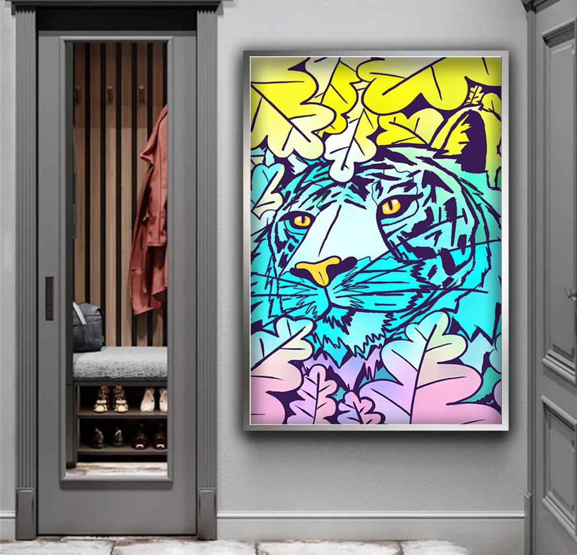 Tiger Painting Colorful Tiger Print Leaves And Tiger Art Big Cat Art Print Wild Animal Wall Art Animal Home Decor - Image 3
